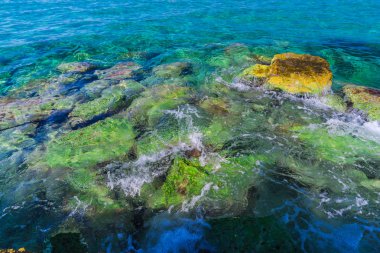 Turkuaz su ve taş ile deniz kıyısı