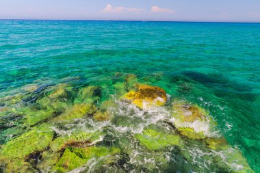 Turkuaz su ve taş ile deniz kıyısı