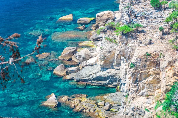 Coastal view of Mediterranean sea and rocks, Greece.