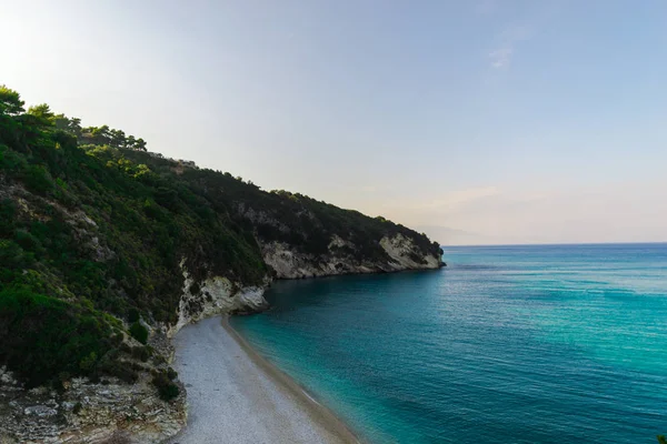 Písečné Pobřeží Pláže Modré Moře Voda Krásné Středozemního Moře Řecko — Stock fotografie