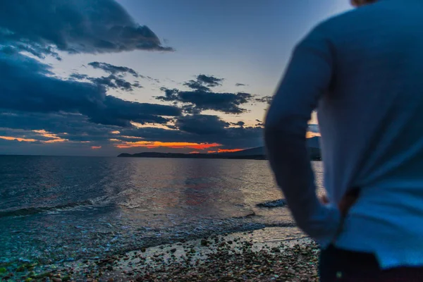 Rear View Man Watching Sunset Sea — Stock Photo, Image