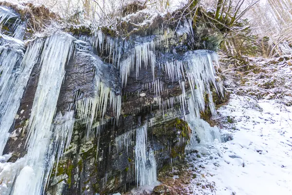 Floresta Inverno Com Árvores Cachoeira Congelada Estação Inverno Icicles — Fotografia de Stock