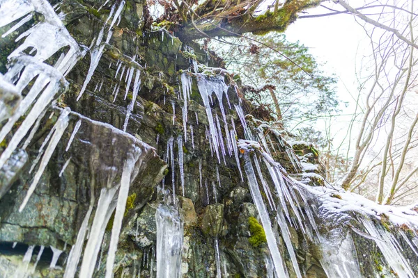 Befagyott Vízesés Téli Szezonban Jégcsapok Zár Megjelöl — Stock Fotó