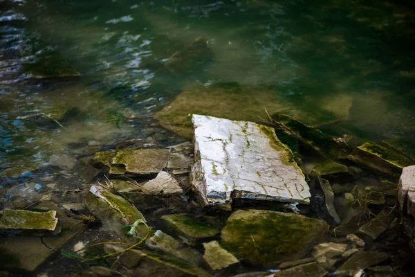 Close view of grey stones in river water