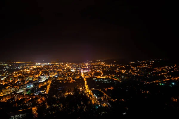 Légifelvételek Város Este Kivilágított Utcai Lámpák — Stock Fotó