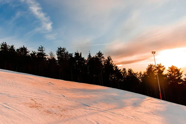 Bosque Montañoso Invierno Con Árboles Puesta Sol — Foto de Stock