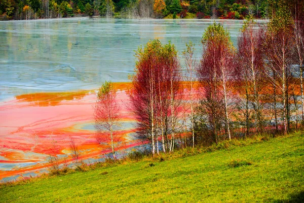 Agua Contaminada Tóxica Roja Del Lago Rumania Destrucción Del Medio — Foto de Stock