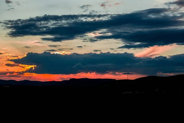 Sunset Sky Clouds Hills Landscape Horizon Stock Photo
