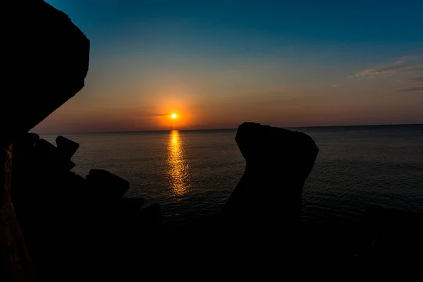 Orange Sun Sunset Sky Sea Breakwater Blocks — Stock Photo, Image