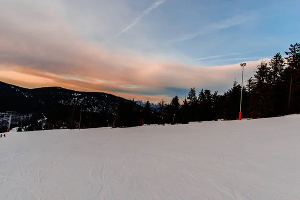 Pacifico Cielo Tramonto Tra Montagne Innevate Alberi — Foto Stock