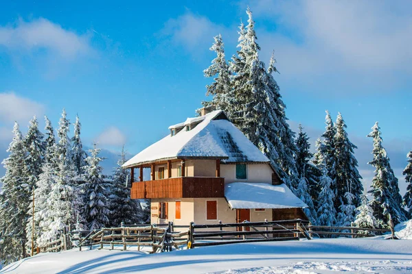 Kış karla kaplı dağlar manzara ağaçlar ve ev, tatil ve ski resort 