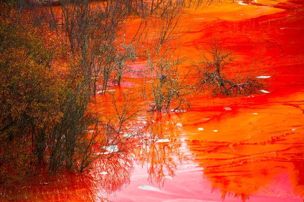 Rojo Contaminado Superficie Del Lago Químico Marco Completo — Foto de Stock