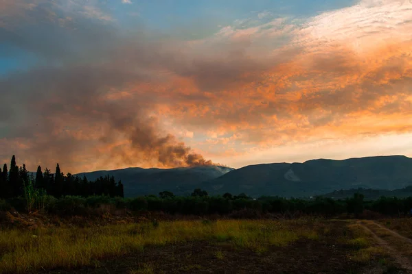 orange evening scenic sunset sky with clouds and countryside landscape with hills and plants