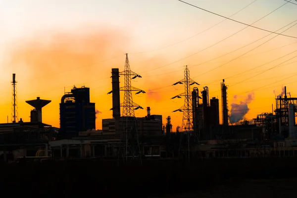 Edifícios Planta Trabalho Fundo Céu Por Sol — Fotografia de Stock