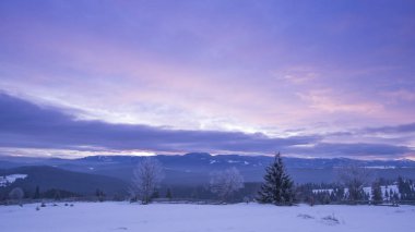 Kış dağlar, mor gökyüzü ve ağaçlar kayak merkezinde, doğa fotoğrafçılığı