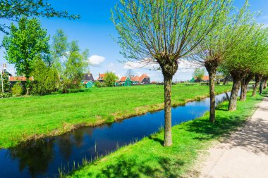 Kırsal kırsal nehir, küçük şirin evler, ağaçlar ve yeşil çimen.