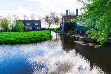Kırsal kırsal nehir, küçük şirin evler, ağaçlar ve yeşil çimen.