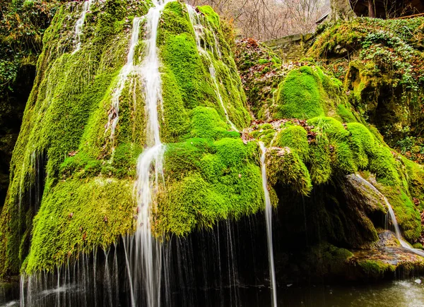 Derretendo Cachoeira Com Grama Musgo Verde Dia Ensolarado — Fotografia de Stock