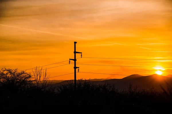 Fält Med Elstolpar Och Sunset Sky Bakgrund — Stockfoto