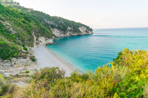 Sandy Coastline Beach Blue Sea Water Beautiful Mediterranean Sea Greece — Stock Photo, Image