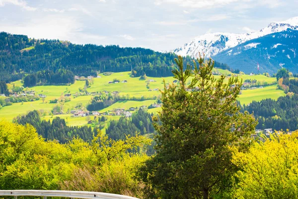 Montagne Alpine Panoramiche Paesaggio Verde Con Case Paese — Foto Stock