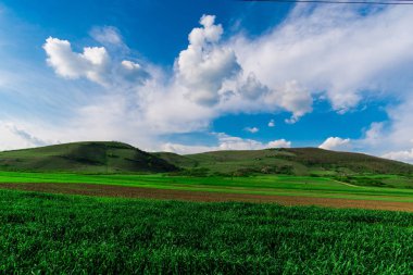 çayır kırsal, doğa manzara dağlar tepeler ve gökyüzünde bulutlar ile 