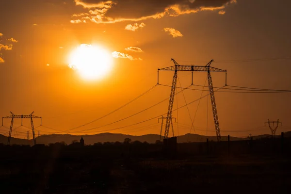 Majestic Orange Sunset Sky Hills Transmission Poles — Stock Photo, Image
