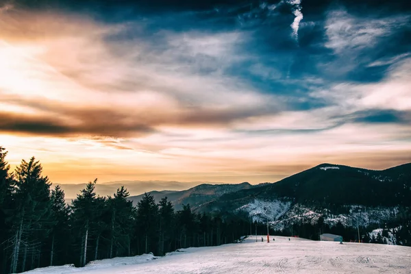 Bosque Montañoso Invierno Con Árboles Puesta Sol — Foto de Stock