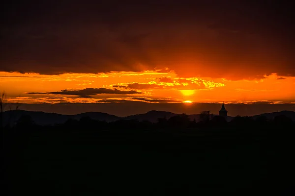 Dramatic Sunset Field Orange Sky — Stock Photo, Image