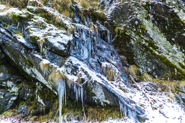 Frusna Vattenfall Vintersäsongen Och Istappar Och Grön Mossa Gräs — Stockfoto