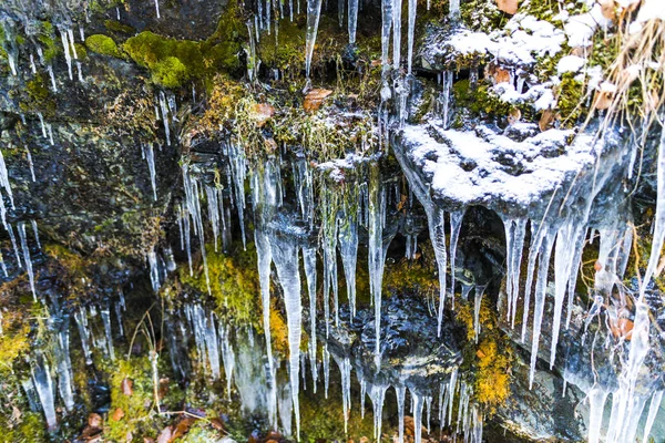 Close Icicles Frozen Waterfall Winter Season — Stock Photo, Image