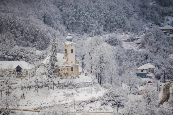 Заснеженные Деревья Пейзаж Церковью Альпах — стоковое фото