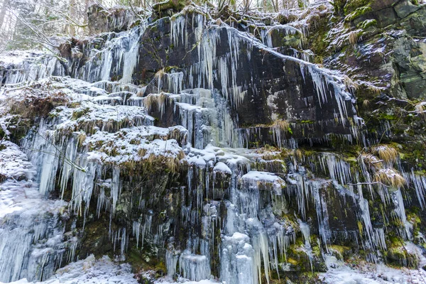 Frusna Vattenfall Vintersäsongen Och Istappar Skogen — Stockfoto