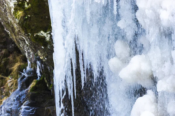 Frozen waterfall in winter season and icicles