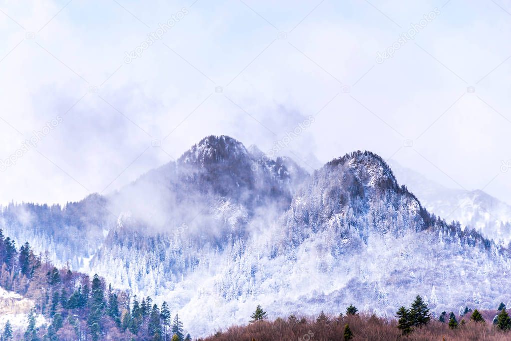 View at snowy mountains, winter natural landscape.