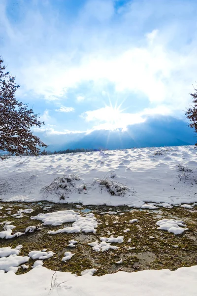 Sneeuw Bedekt Landschap Landschap Met Bomen Blauwe Hemel Met Wolken — Stockfoto