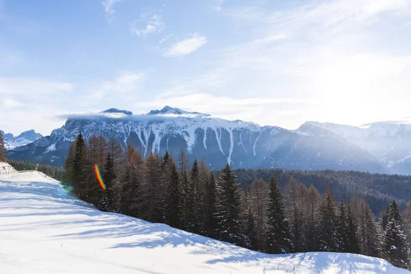 Montañas Temporada Invierno Árboles Forestales Cielo Azul Con Clima Soleado — Foto de Stock