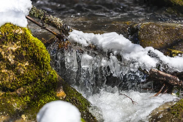 Flujo Invierno Con Ramas Musgosas Nieve Carámbanos — Foto de Stock