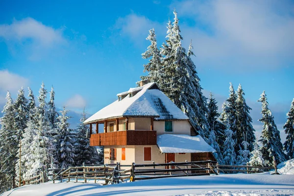 Kış karla kaplı dağlar manzara ağaçlar ve ev, tatil ve ski resort 