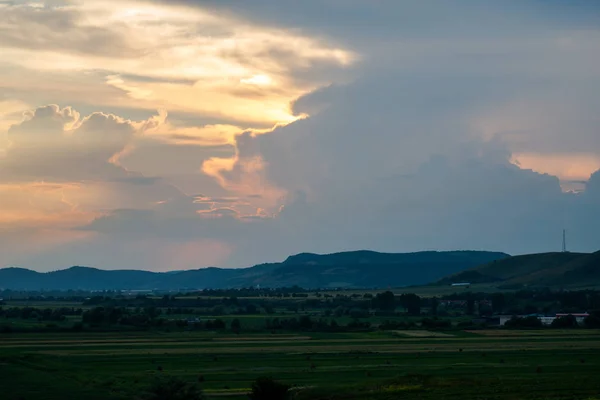 Paysage Avec Champ Coucher Soleil — Photo