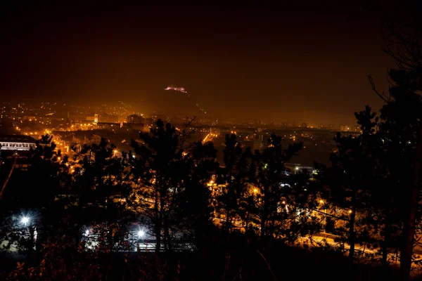 夜城市与光和树 — 图库照片