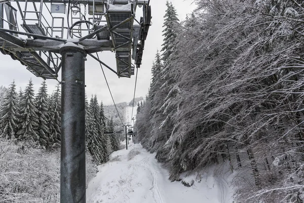 Schneebedeckte Bäume Winter Skigebiet Winter Berge Und Skilift — Stockfoto