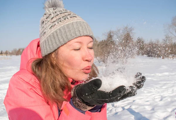 Girl Blowing Snow Sky Forest — Stock Photo, Image