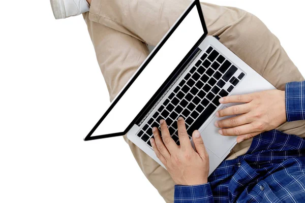 Young businessman working at laptop computer with smartphone , B — Stock Photo, Image