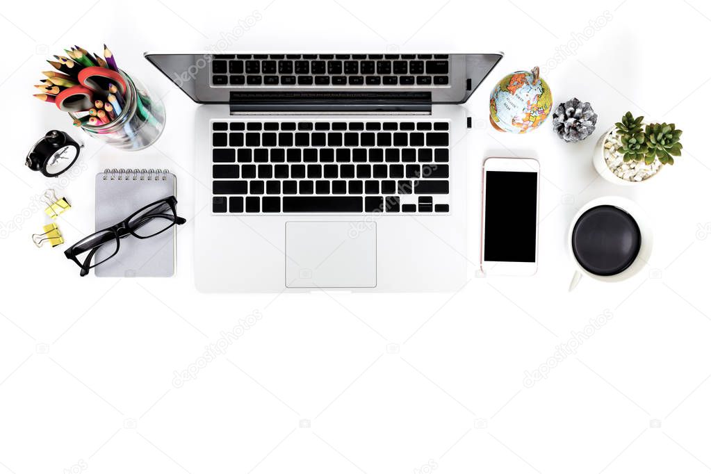 top view creative flat lay photo of modern workplace with laptop