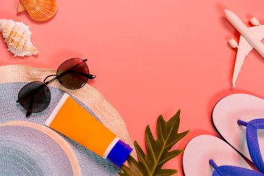 Metin için boş alan ile pembe arka planda gezgin aksesuarları, tropikal palmiye yaprağı ve uçak üst görünümü. 