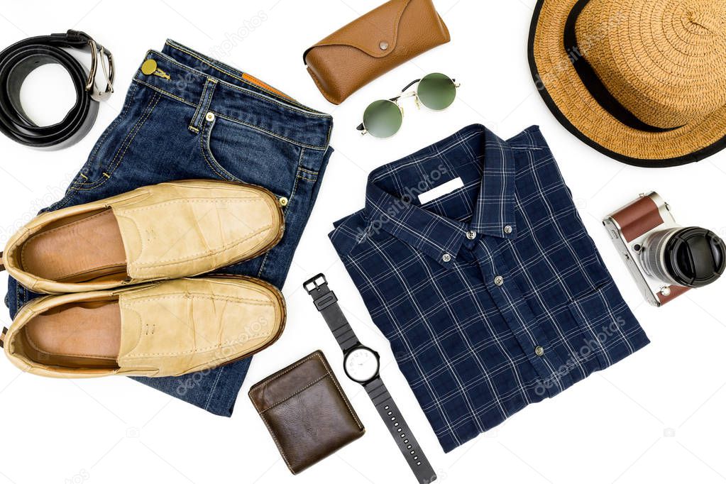 men's clothes with brown shoes, blue shirt and sunglasses on white background,