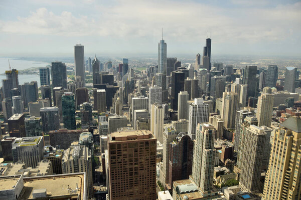 Downtown Chicago, Illinoise seen in aerial view towards Southerns horizon