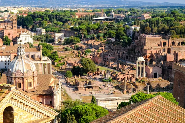 Beautiful view of the archaeological zone in picturesque Roman ruins. Ruins of Ancient Rome.