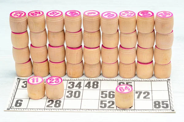 Desková Hra Loto Nebo Bingo Zdi Dřevěných Lotto Sudů Čísly — Stock fotografie